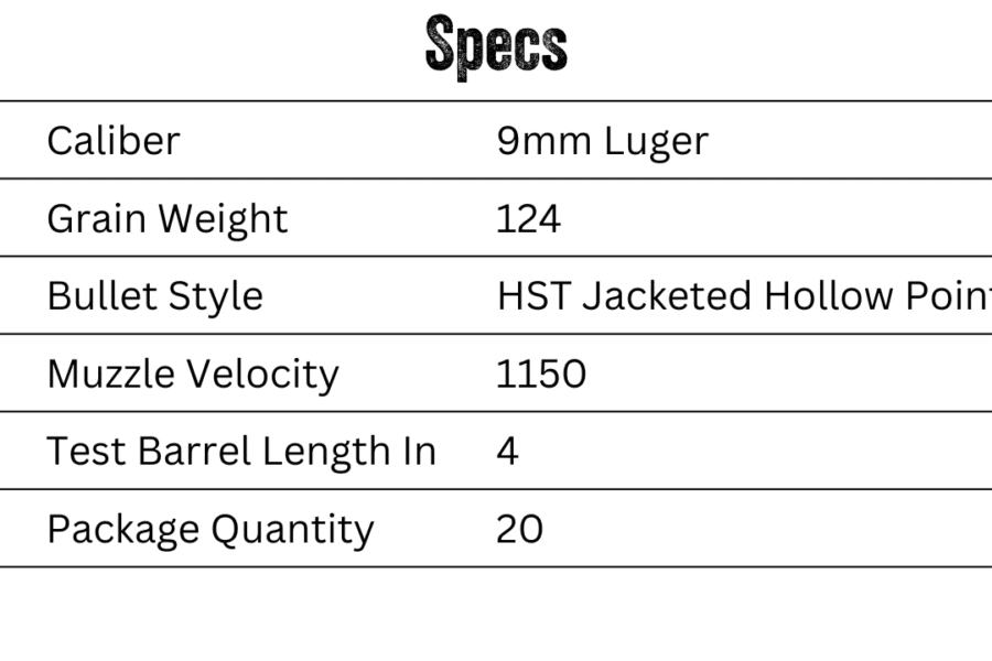 Personal Defense HST 9mm Luger 124 Grain Specs